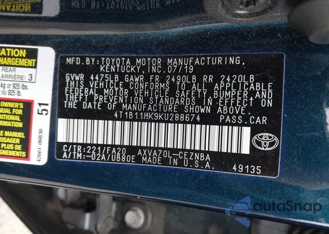2019 Toyota Camry Le z USA, uszkodzony, nr VIN 4T1B11HK9KU288674